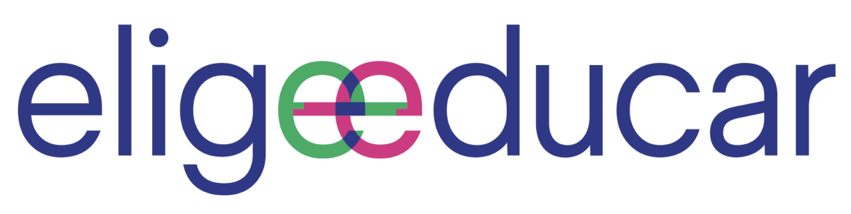 Elige educar logo showing the blue writing “eligeeducar”. The 2 internal 'e' are green and pink and intersect each other.